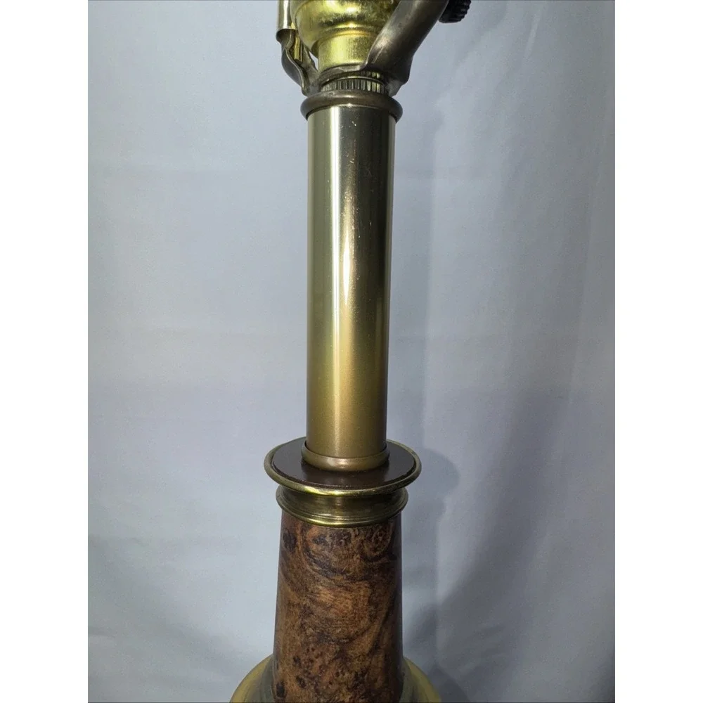 Vintage Solid Brass Table Lamp Pair Hollywood Regency Faux‎ Wood Accent Lighting